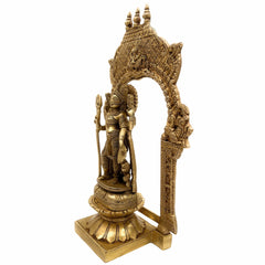 Brass Ardhanarishvara Idol on Lotus Chowki with Temple Shaped Prabhavali, Divine Home Decor, Spiritual Statue, 12 Inch, Gold, 1 Piece
