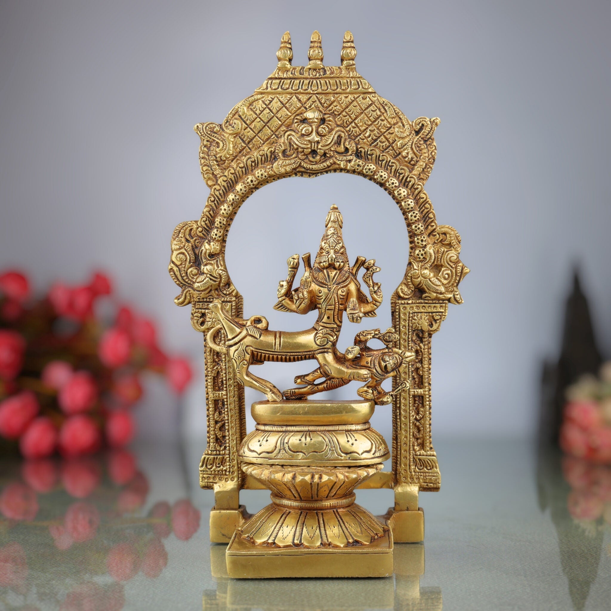 Brass Sharabha Swamy Idol with Temple Chowki & Prabhavali – Powerful Sharabeshwara Sculpture for Home, Pooja & Gifting, Gold, 10.5 Inch, 1 Piece