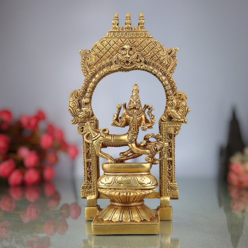 Brass Sharabha Swamy Idol with Temple Chowki & Prabhavali – Powerful Sharabeshwara Sculpture for Home, Pooja & Gifting, Gold, 10.5 Inch, 1 Piece