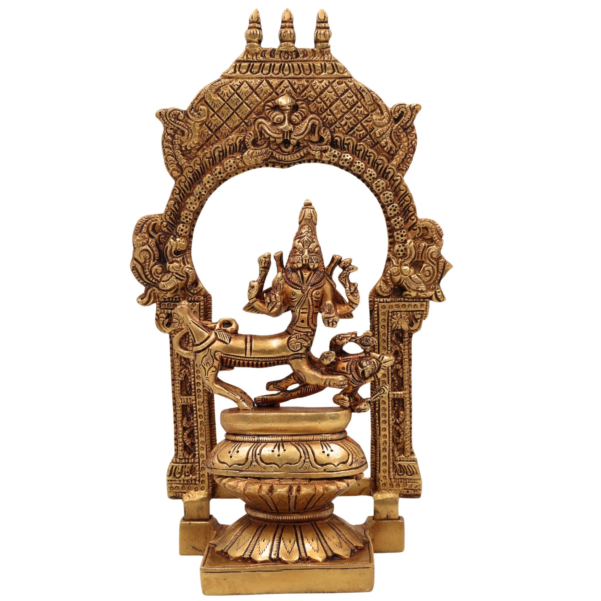 Brass Sharabha Swamy Idol with Temple Chowki & Prabhavali – Powerful Sharabeshwara Sculpture for Home, Pooja & Gifting, Gold, 10.5 Inch, 1 Piece