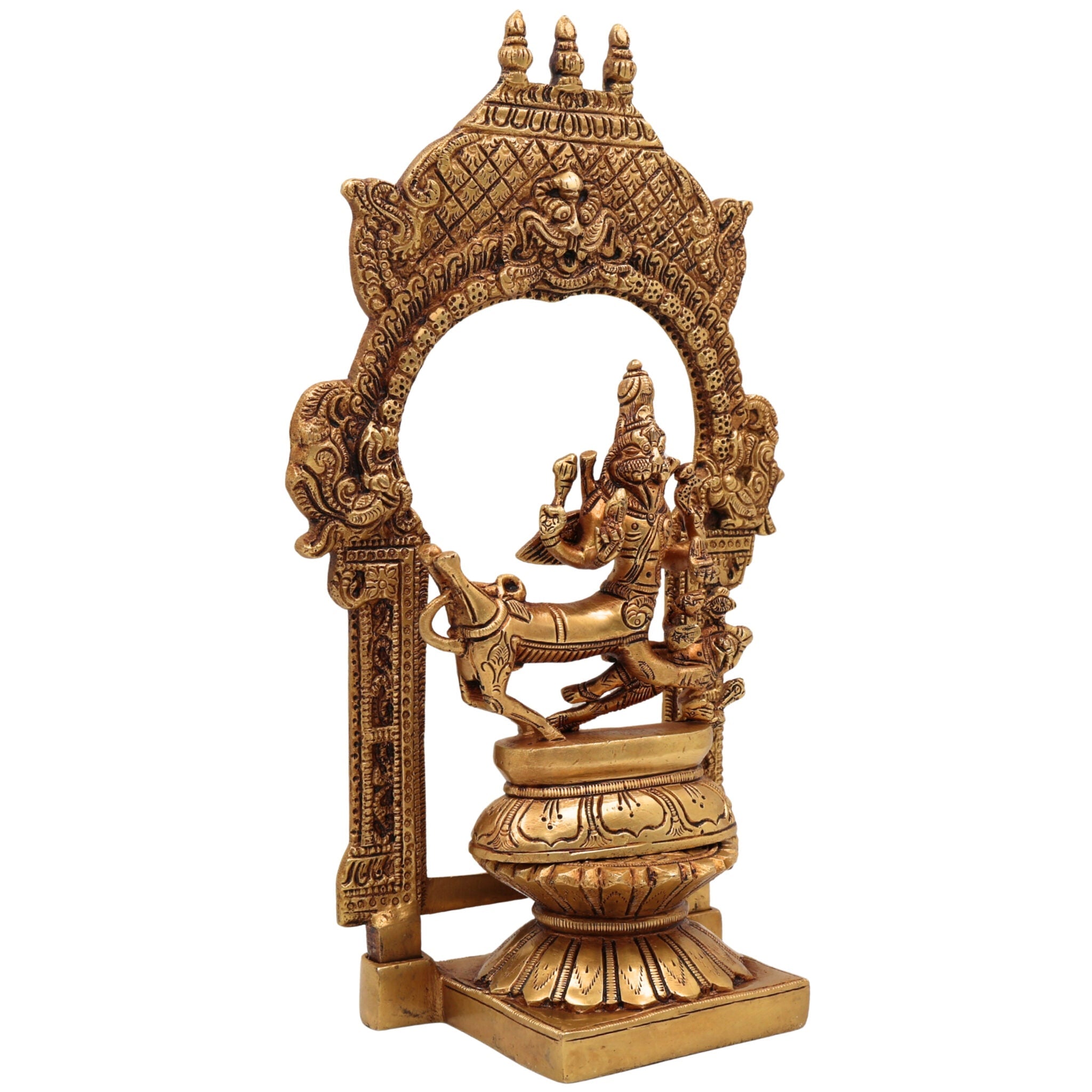 Brass Sharabha Swamy Idol with Temple Chowki & Prabhavali – Powerful Sharabeshwara Sculpture for Home, Pooja & Gifting, Gold, 10.5 Inch, 1 Piece