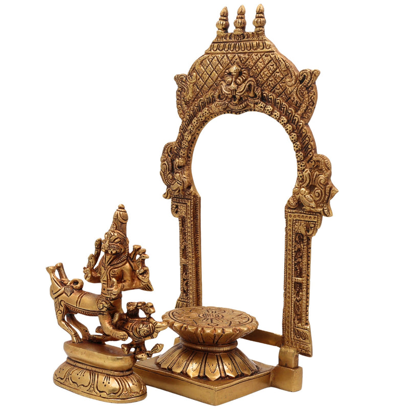 Brass Sharabha Swamy Idol with Temple Chowki & Prabhavali – Powerful Sharabeshwara Sculpture for Home, Pooja & Gifting, Gold, 10.5 Inch, 1 Piece
