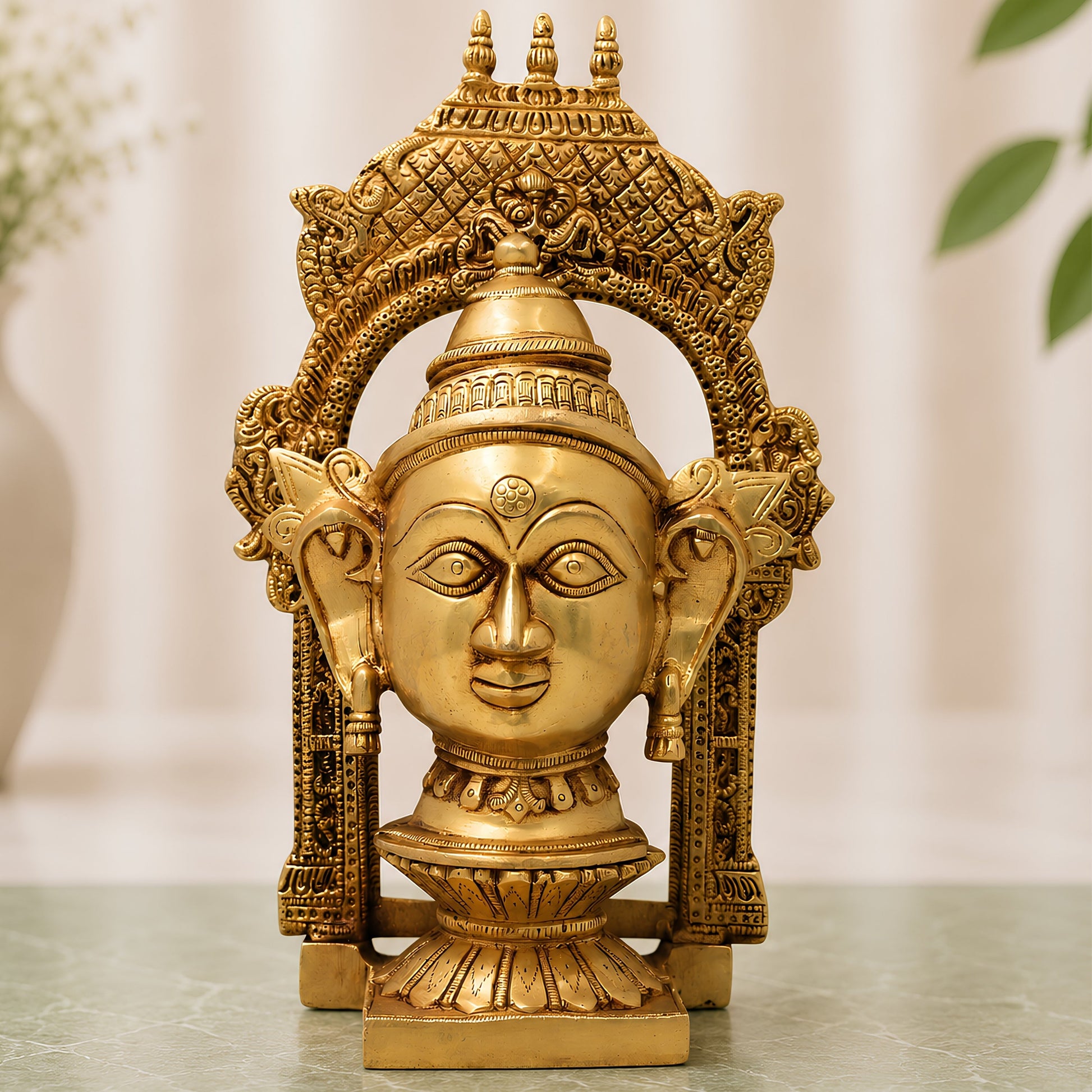 Brass Goddess Gowri Parvati Head Idol with Temple Prabhavali, Mahagauri Uma Devi Face Murti for Puja, Home Decor & Gifting,Gold, 10.5 Inch, 1 Piece