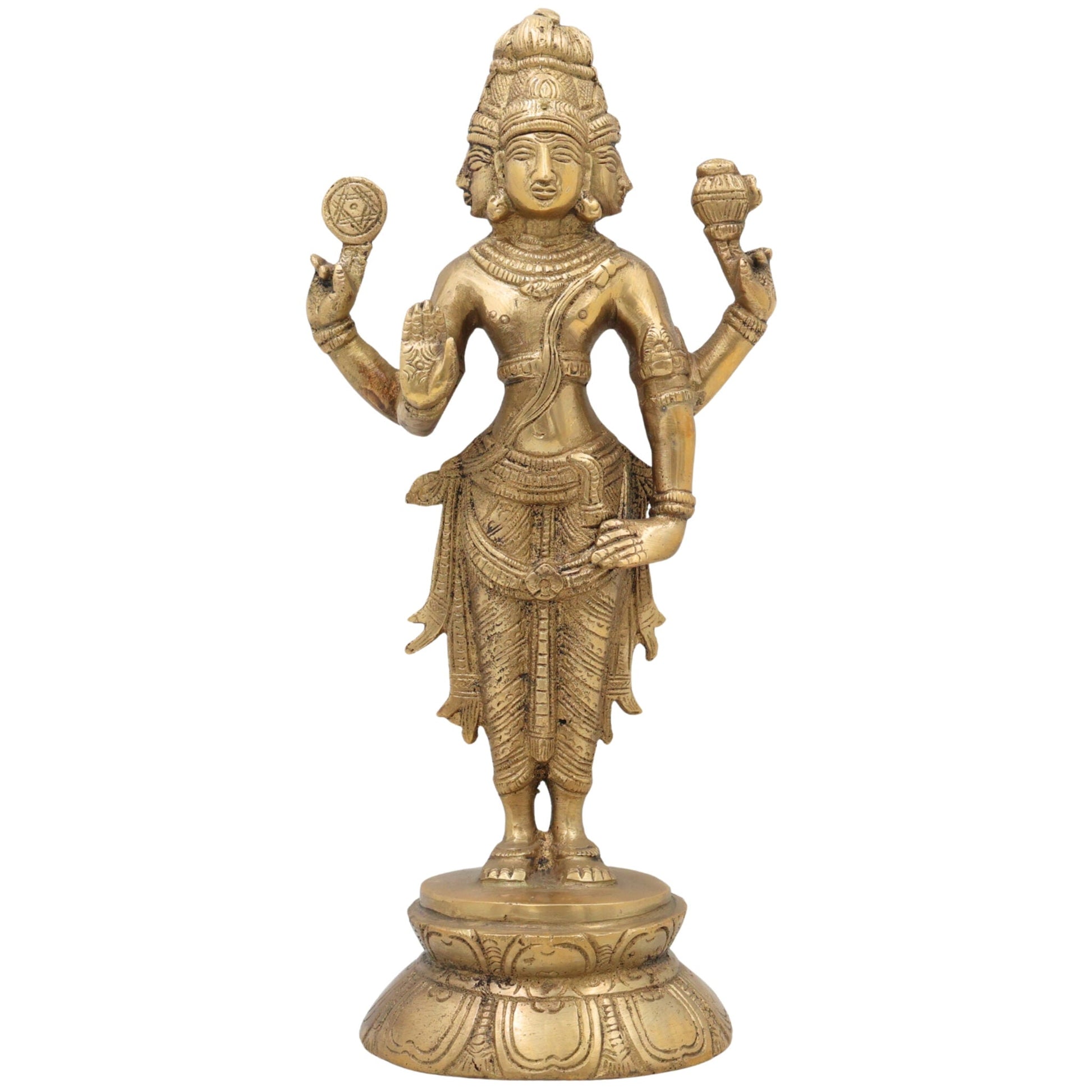 Brass Brahma Idol, Peetal Chaturmukha Prajapati Statue, Pital Hiranyagarbha Murti, Handcrafted Vishwakarta Pitamaha Sculpture,Gold, 11 Inch, 1 Piece