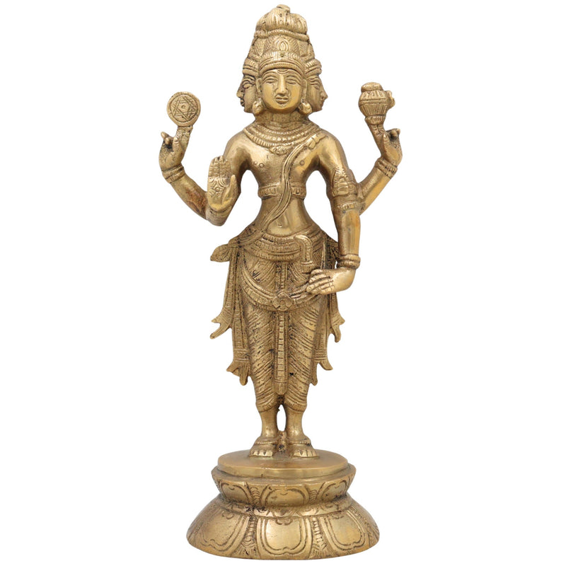 Brass Brahma Idol, Peetal Chaturmukha Prajapati Statue, Pital Hiranyagarbha Murti, Handcrafted Vishwakarta Pitamaha Sculpture,Gold, 11 Inch, 1 Piece