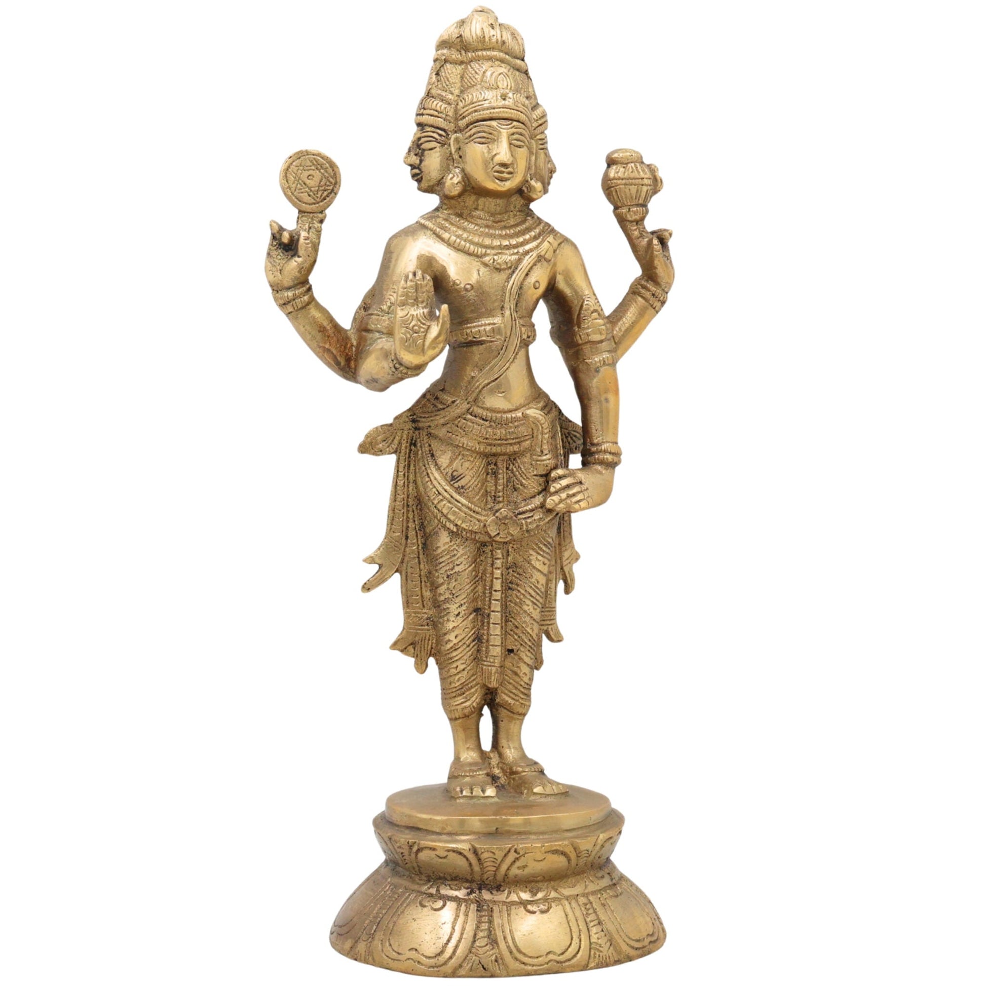 Brass Brahma Idol, Peetal Chaturmukha Prajapati Statue, Pital Hiranyagarbha Murti, Handcrafted Vishwakarta Pitamaha Sculpture,Gold, 11 Inch, 1 Piece