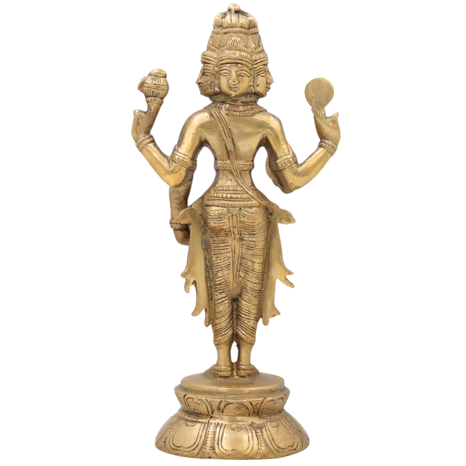 Brass Brahma Idol, Peetal Chaturmukha Prajapati Statue, Pital Hiranyagarbha Murti, Handcrafted Vishwakarta Pitamaha Sculpture,Gold, 11 Inch, 1 Piece