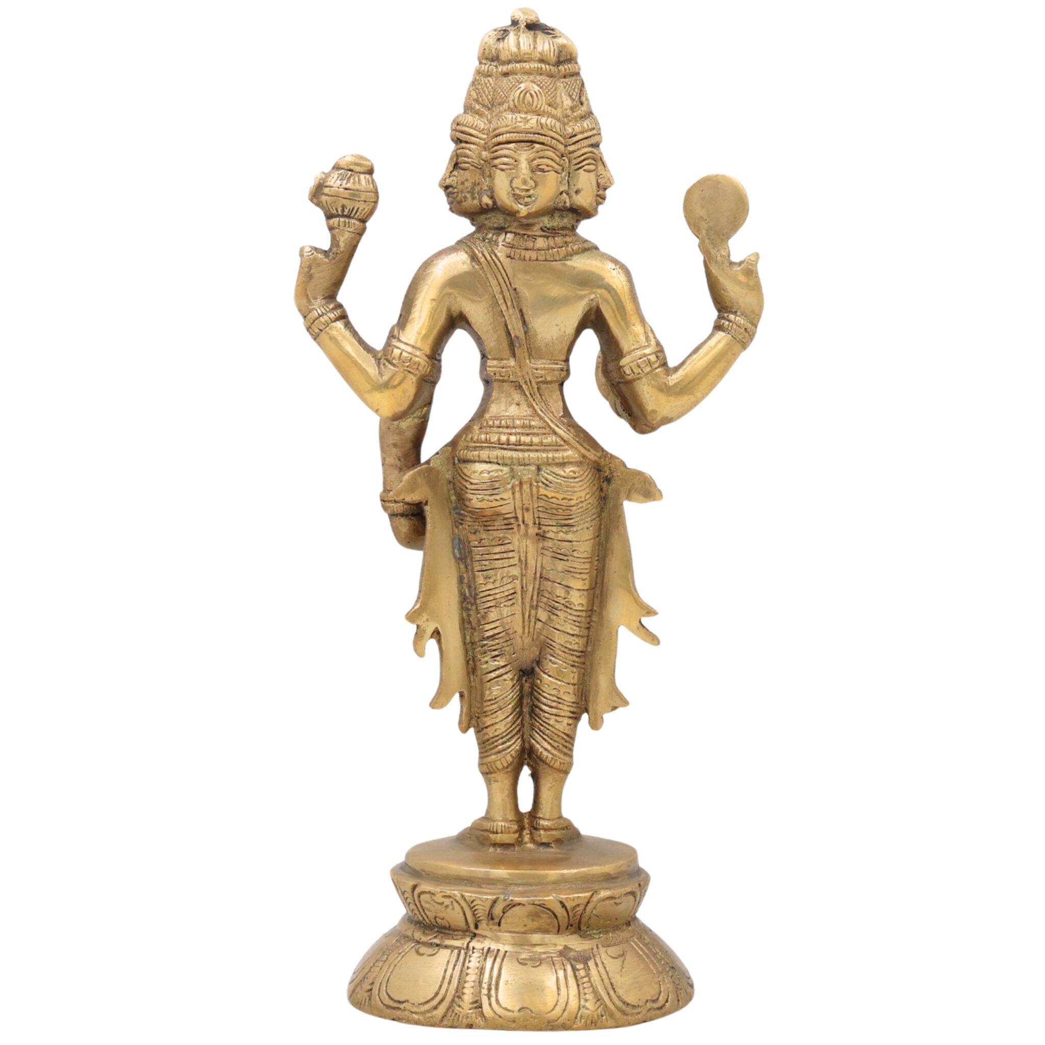 Brass Brahma Idol, Peetal Chaturmukha Prajapati Statue, Pital Hiranyagarbha Murti, Handcrafted Vishwakarta Pitamaha Sculpture,Gold, 11 Inch, 1 Piece