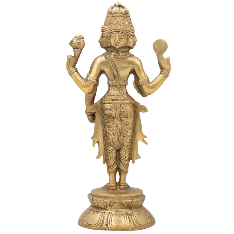 Brass Brahma Idol, Peetal Chaturmukha Prajapati Statue, Pital Hiranyagarbha Murti, Handcrafted Vishwakarta Pitamaha Sculpture,Gold, 11 Inch, 1 Piece