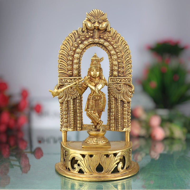 Handcrafted Brass Krishna Idol – Gopal, Govinda, Bal Gopal Murti with Prabhavali for Home, Temple, Pooja & Office Decor,Gold, 11 Inch, 1 Piece