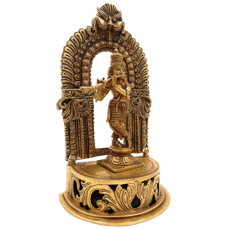 Handcrafted Brass Krishna Idol – Gopal, Govinda, Bal Gopal Murti with Prabhavali for Home, Temple, Pooja & Office Decor,Gold, 11 Inch, 1 Piece