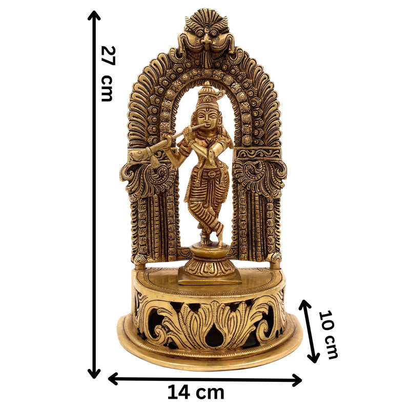 Handcrafted Brass Krishna Idol – Gopal, Govinda, Bal Gopal Murti with Prabhavali for Home, Temple, Pooja & Office Decor,Gold, 11 Inch, 1 Piece