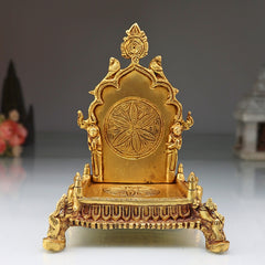 Brass Pooja Chowki with Prabhavali, Handcrafted Singhasan Peetha for God Idol, Mandir Bajot, Temple Stand, Gold, 8 Inch, 1 Piece