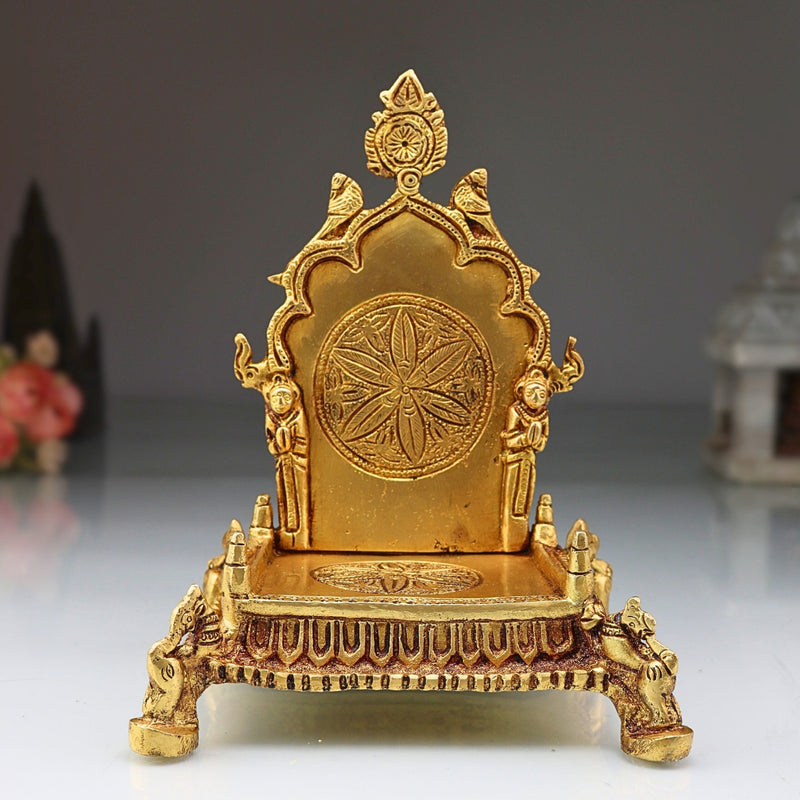 Brass Pooja Chowki with Prabhavali, Handcrafted Singhasan Peetha for God Idol, Mandir Bajot, Temple Stand, Gold, 8 Inch, 1 Piece