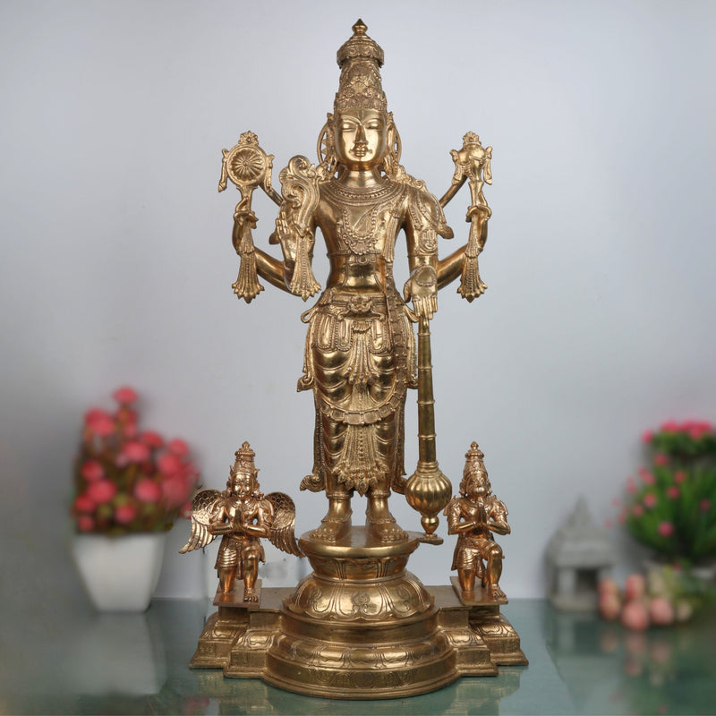 Handcrafted Bronze Vishnu with Garuda,hanuman Idol | Panchaloha / Panchdhatu Vishnu Murti | Venkateswara, Srinivasa, Padmanabha, Madhava Temple Statue | South Indian Chola Art,Gold, 35 Inch, 1 Piece