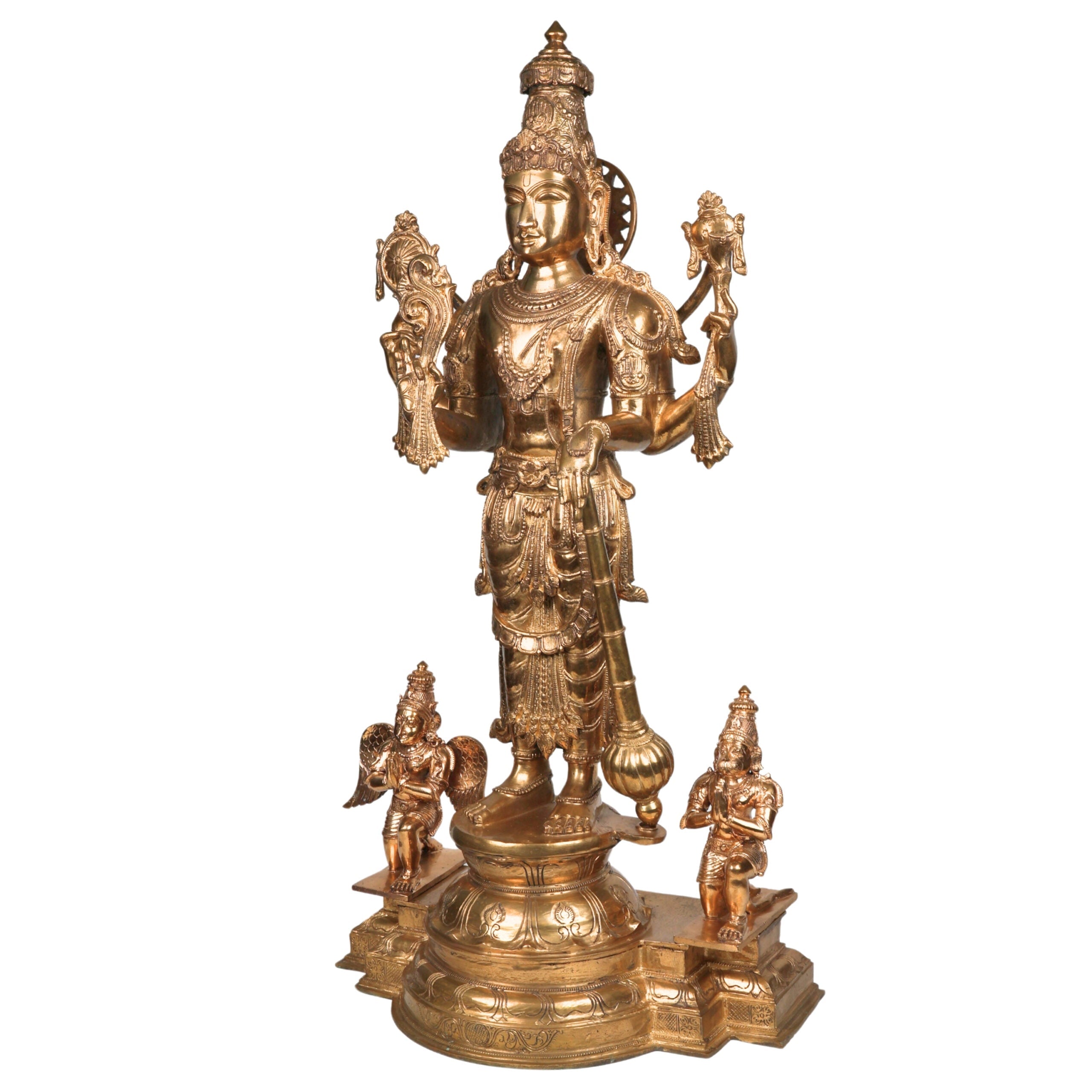 Handcrafted Bronze Vishnu with Garuda,hanuman Idol | Panchaloha / Panchdhatu Vishnu Murti | Venkateswara, Srinivasa, Padmanabha, Madhava Temple Statue | South Indian Chola Art,Gold, 35 Inch, 1 Piece
