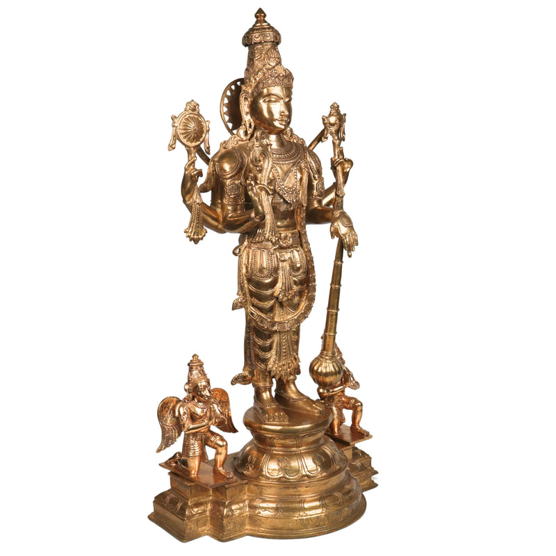 Handcrafted Bronze Vishnu with Garuda,hanuman Idol | Panchaloha / Panchdhatu Vishnu Murti | Venkateswara, Srinivasa, Padmanabha, Madhava Temple Statue | South Indian Chola Art,Gold, 35 Inch, 1 Piece