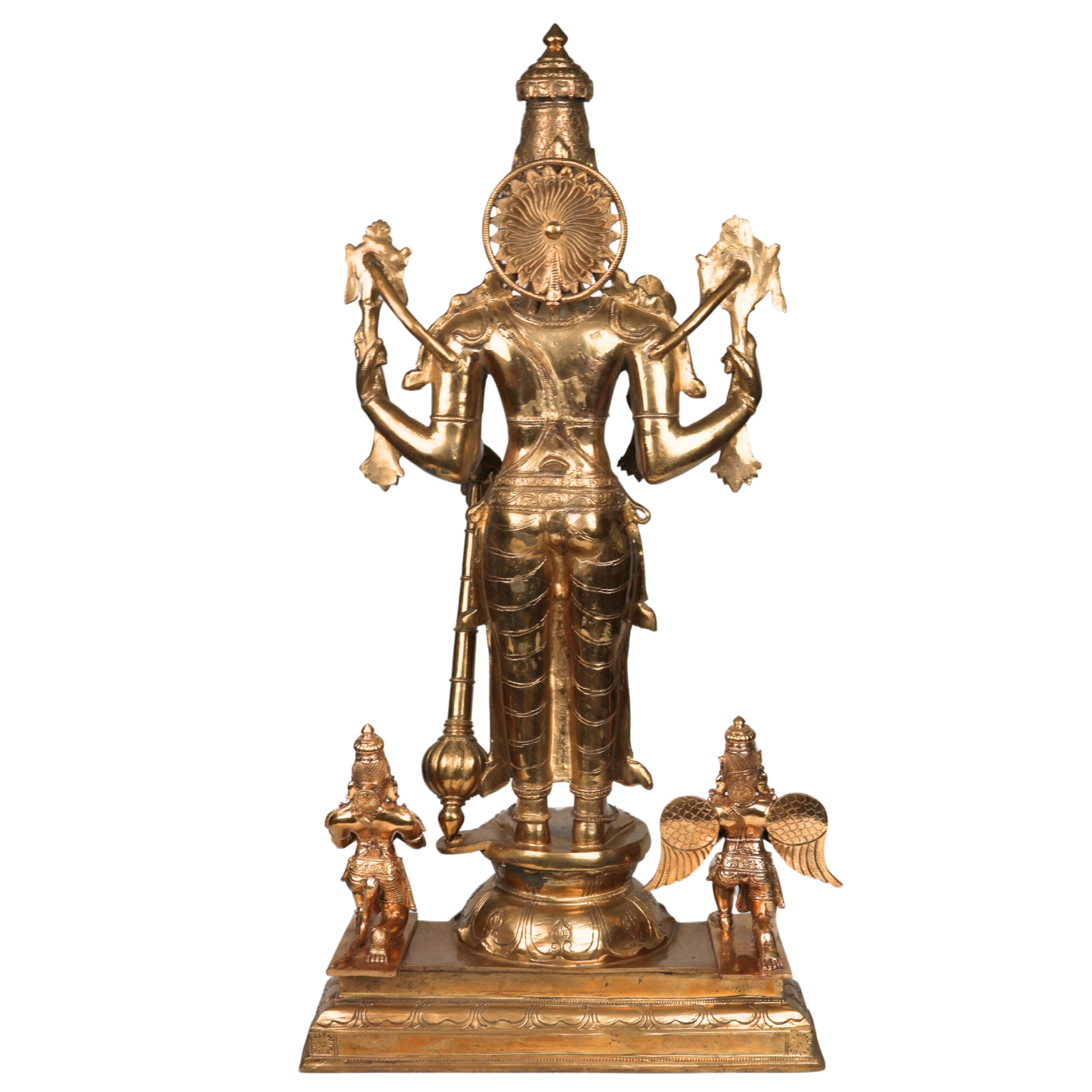 Handcrafted Bronze Vishnu with Garuda,hanuman Idol | Panchaloha / Panchdhatu Vishnu Murti | Venkateswara, Srinivasa, Padmanabha, Madhava Temple Statue | South Indian Chola Art,Gold, 35 Inch, 1 Piece