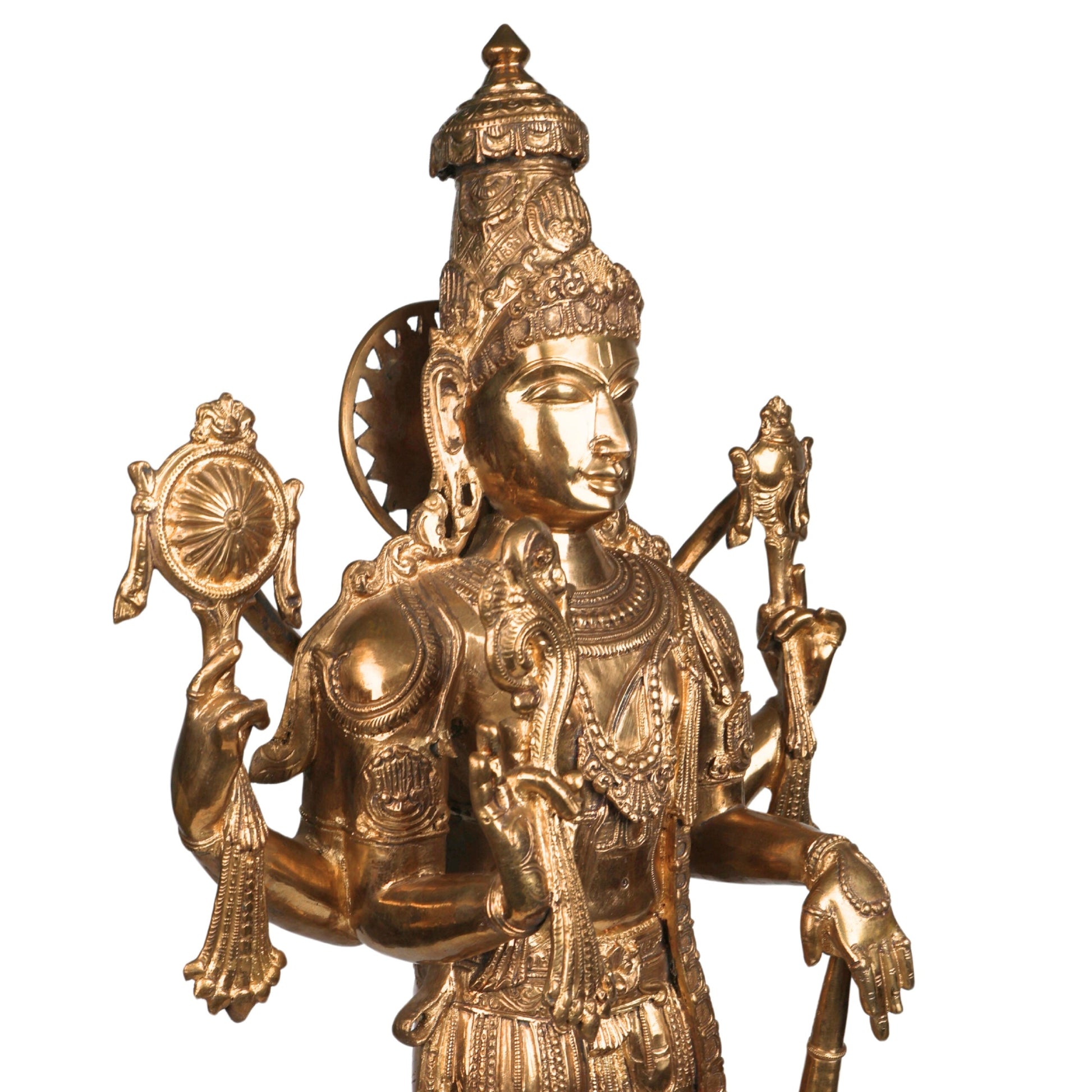 Handcrafted Bronze Vishnu with Garuda,hanuman Idol | Panchaloha / Panchdhatu Vishnu Murti | Venkateswara, Srinivasa, Padmanabha, Madhava Temple Statue | South Indian Chola Art,Gold, 35 Inch, 1 Piece