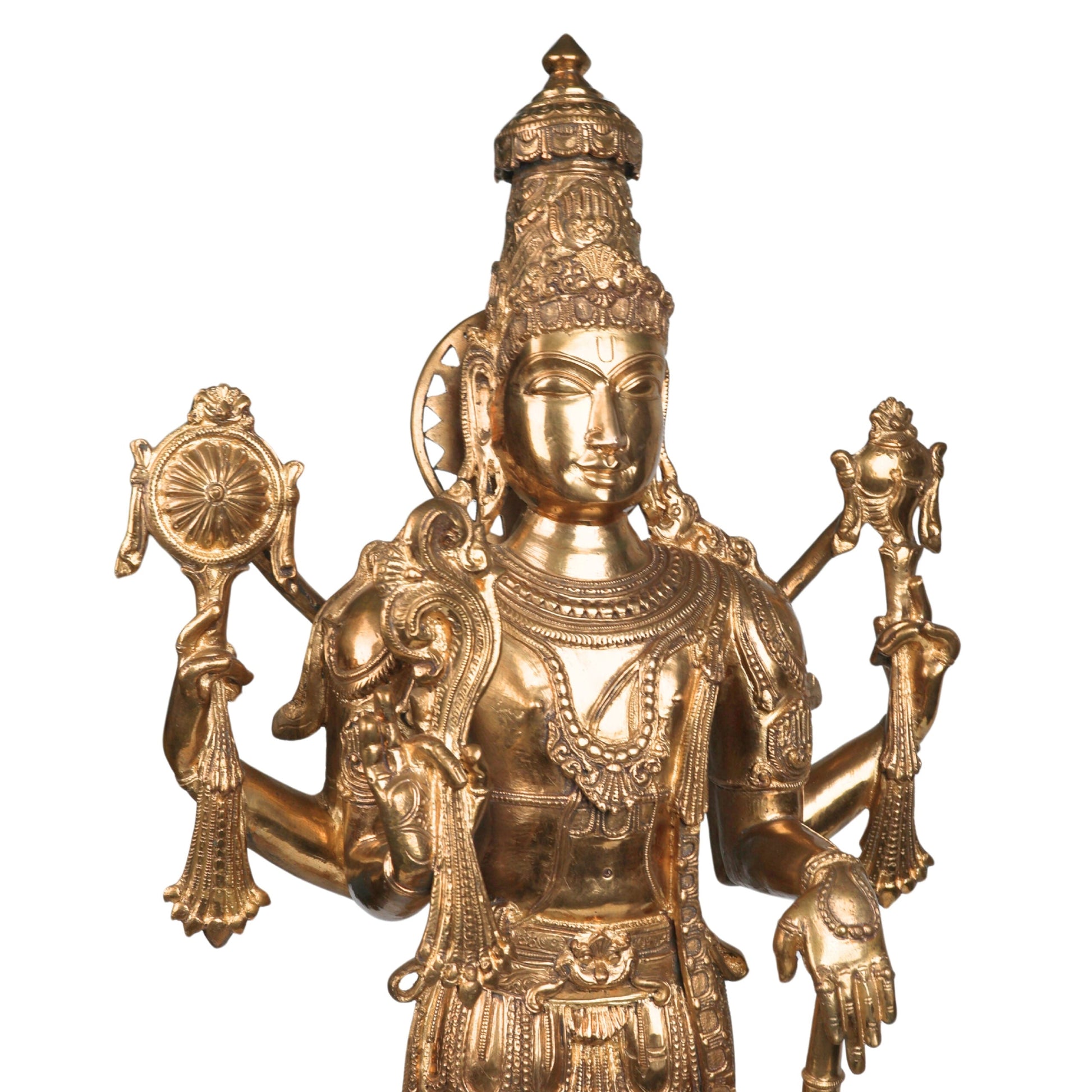 Handcrafted Bronze Vishnu with Garuda,hanuman Idol | Panchaloha / Panchdhatu Vishnu Murti | Venkateswara, Srinivasa, Padmanabha, Madhava Temple Statue | South Indian Chola Art,Gold, 35 Inch, 1 Piece