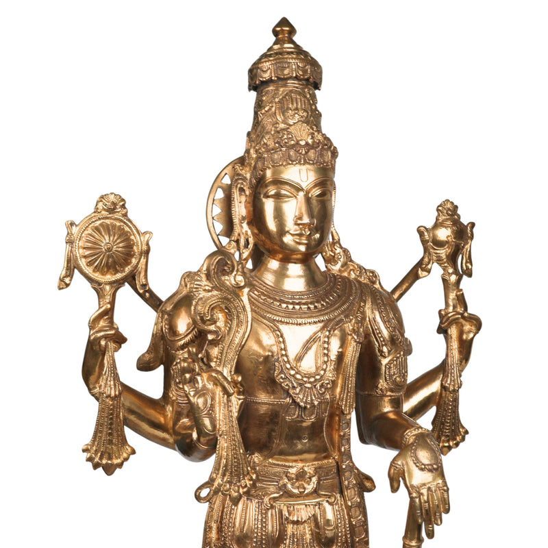 Handcrafted Bronze Vishnu with Garuda,hanuman Idol | Panchaloha / Panchdhatu Vishnu Murti | Venkateswara, Srinivasa, Padmanabha, Madhava Temple Statue | South Indian Chola Art,Gold, 35 Inch, 1 Piece