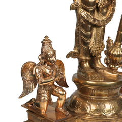 Handcrafted Bronze Vishnu with Garuda,hanuman Idol | Panchaloha / Panchdhatu Vishnu Murti | Venkateswara, Srinivasa, Padmanabha, Madhava Temple Statue | South Indian Chola Art,Gold, 35 Inch, 1 Piece