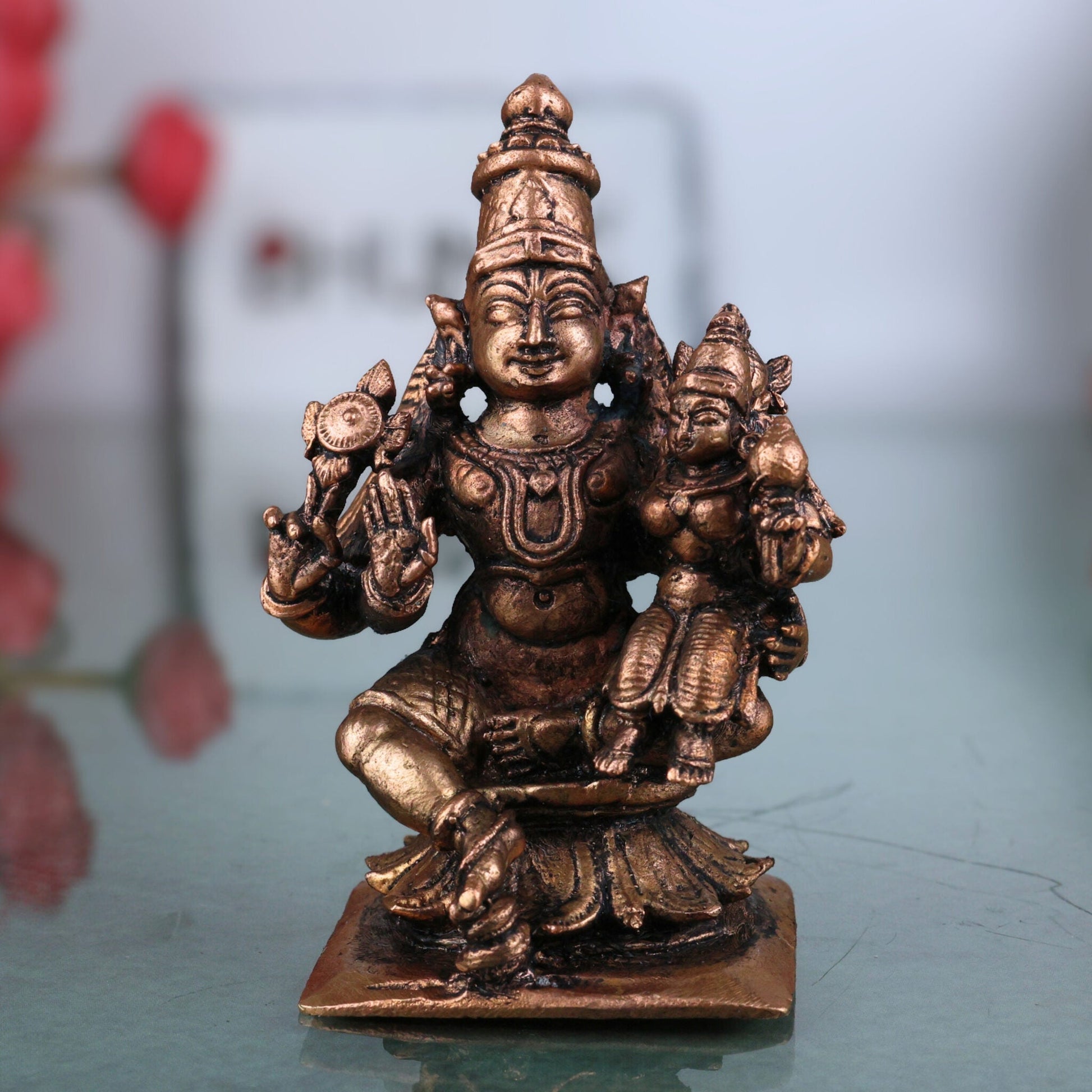 Copper Vishnu Lakshmi Idol, Thamra Lakshmi Narayana Idol, Handmade Pooja Moorti, Brown, 3 Inch, 1 Piece