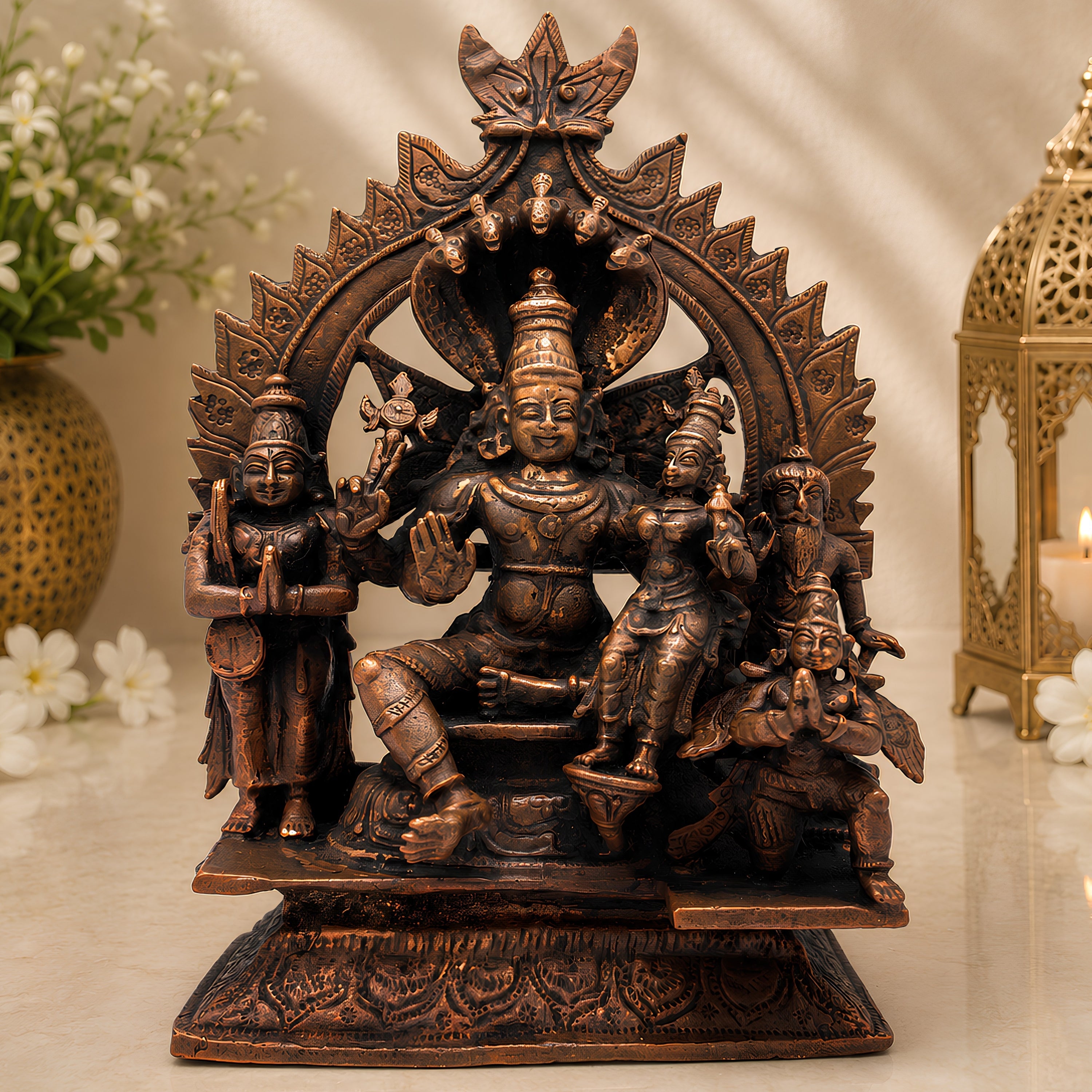 Handcrafted Copper Vishnu Idol, Lord Narayana Lakshmi Vishnu Murti for Home Temple, Pooja & Spiritual Decor,Brown, 6.5 Inch, 1 Piece