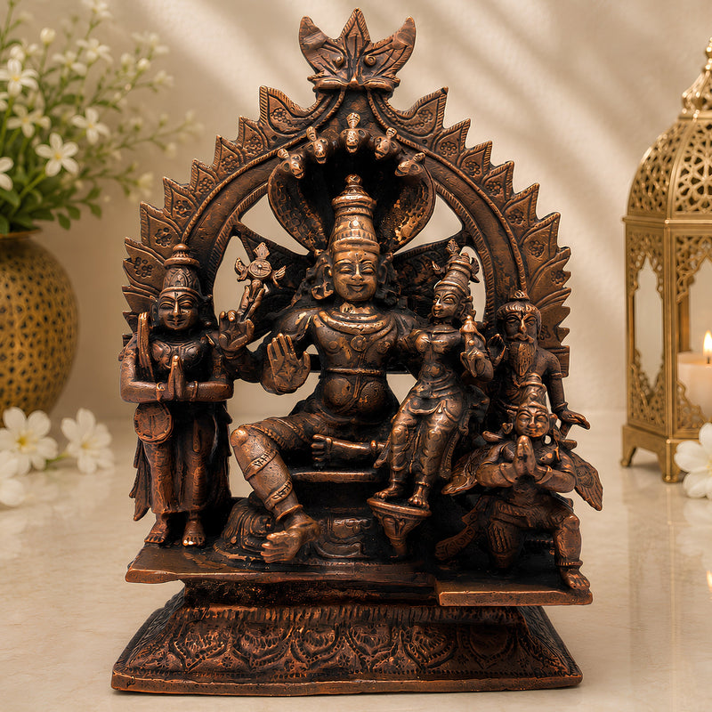 Handcrafted Copper Vishnu Idol, Lord Narayana Lakshmi Vishnu Murti for Home Temple, Pooja & Spiritual Decor,Brown, 6.5 Inch, 1 Piece