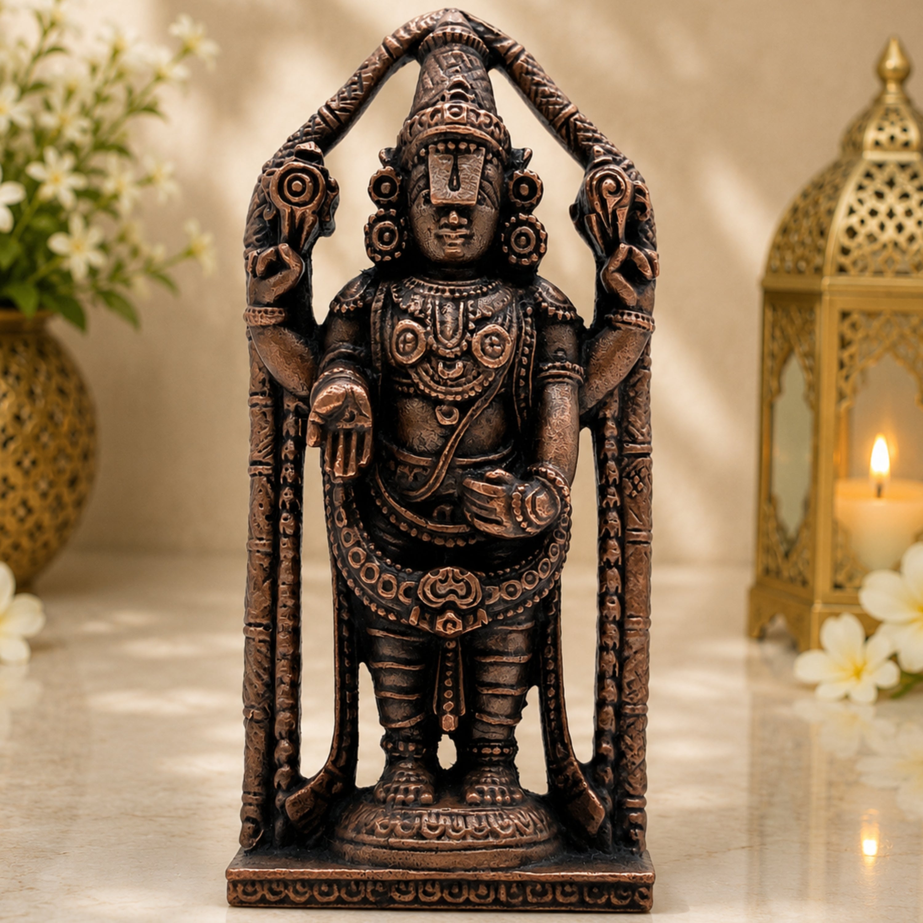 Copper Tirupati Balaji Idol | Lord Venkateswara Murti | Srinivasa Govinda Tamra Statue | Balaji Maharaj Pooja Moort,Brown, 4 Inch, 1 Piece