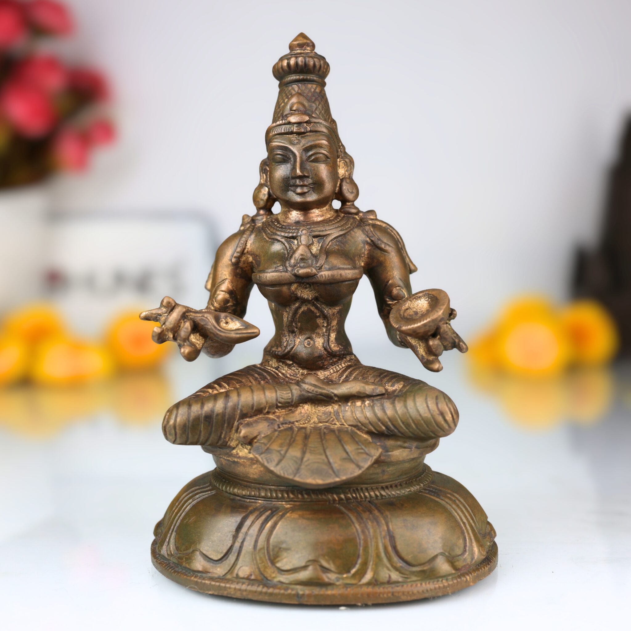 Handcrafted Bronze Annapurna Devi Idol | Panchaloha Annapurneshwari Annada Annapoorna Mata Statue for Puja, Home Temple & Decor,Gold, 6.5 Inch, 1 Piece