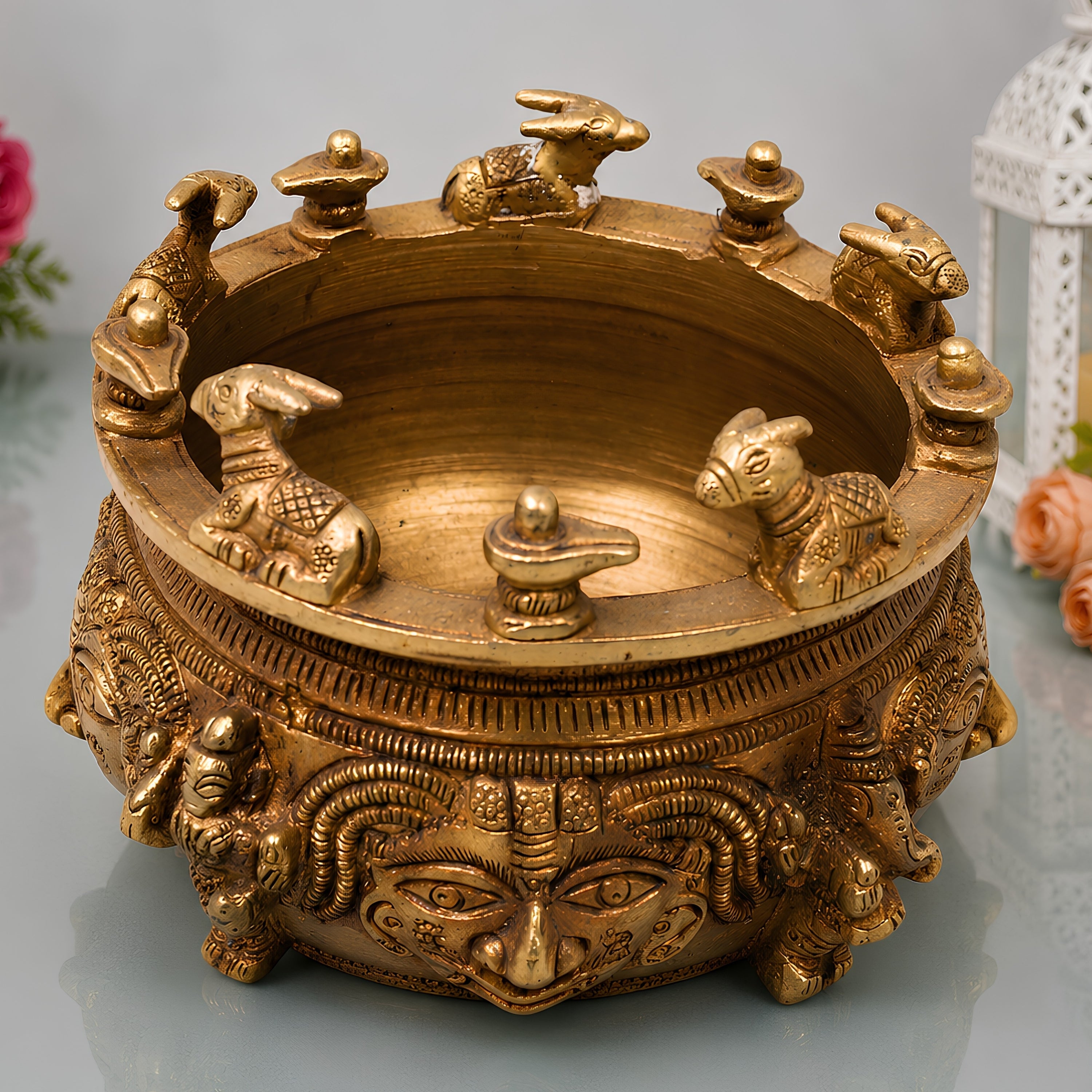 Brass Shivlingam with Nandi Pooja Bowl, Handmade Shiva Linga Idol (Shiva Ling, Shivling, Mahalingam, Jyotirlingam, Atmalinga) for Home Temple Puja & Spiritual Decor,Gold, 4 Inch, 1 Piece