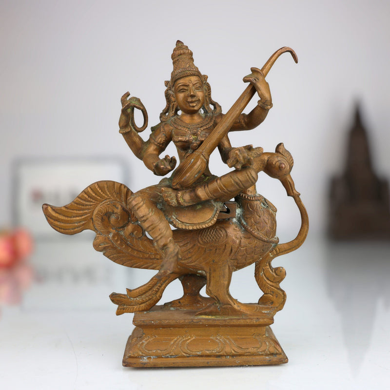 Handcrafted Bronze Saraswati Idol, Panchaloha Veena Goddess Murti, Sharada, Vani, Vagdevi Statue for Home, Temple & Pooja Decor,Brown, 7 Inch, 1 Piece