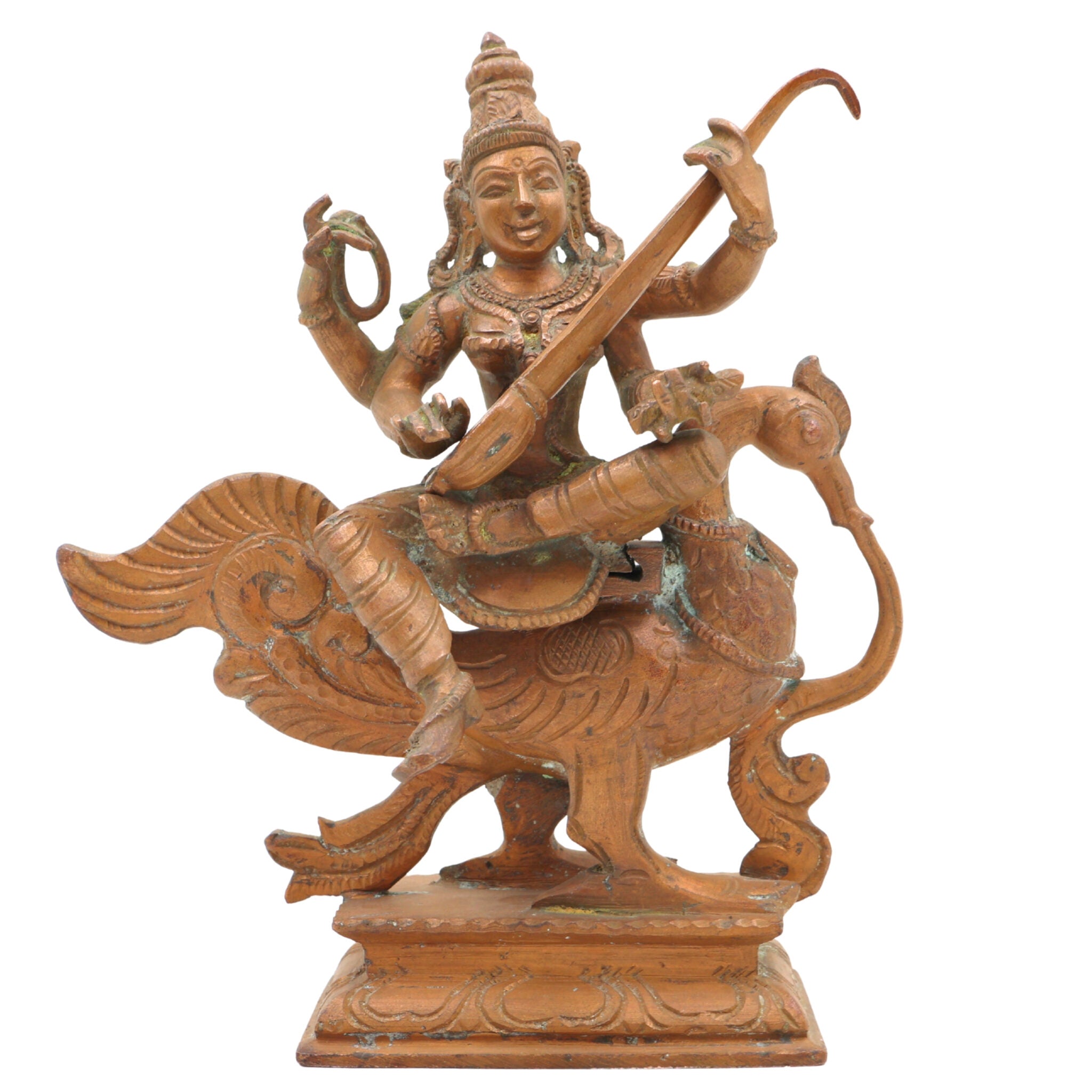Handcrafted Bronze Saraswati Idol, Panchaloha Veena Goddess Murti, Sharada, Vani, Vagdevi Statue for Home, Temple & Pooja Decor,Brown, 7 Inch, 1 Piece