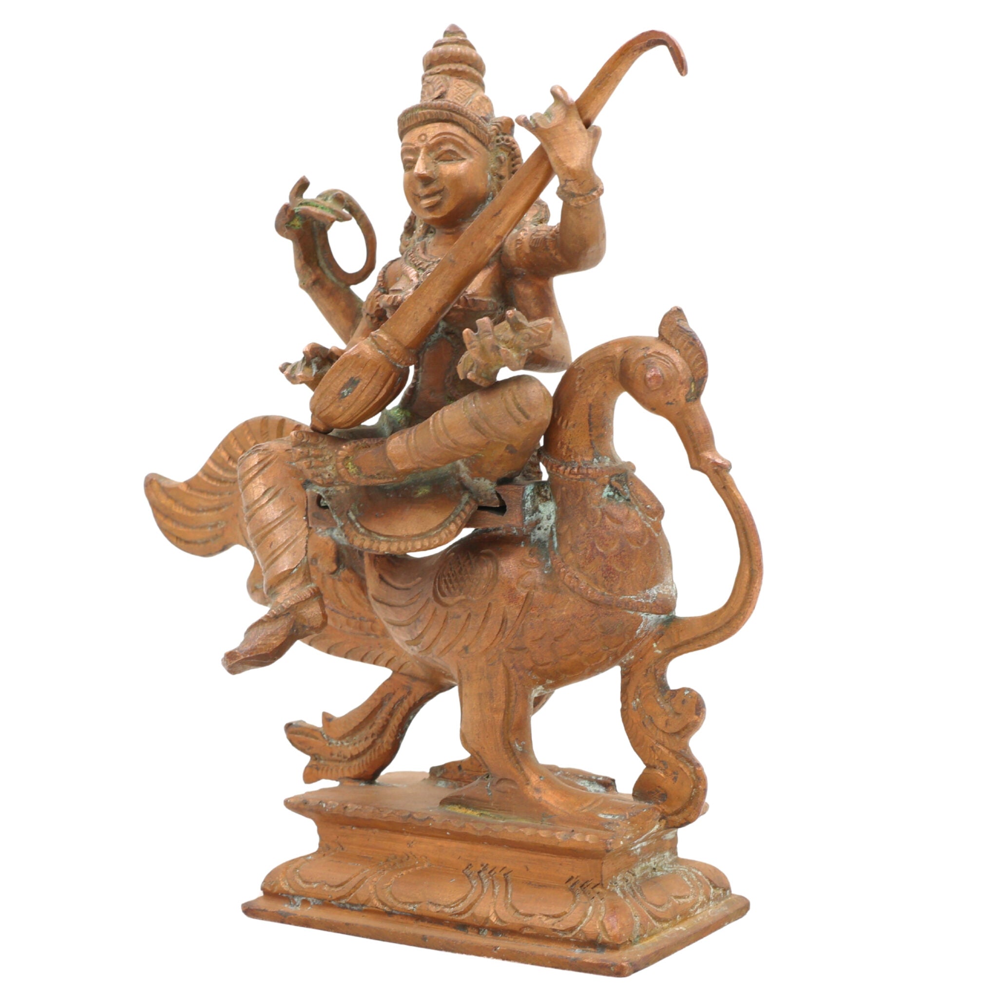 Handcrafted Bronze Saraswati Idol, Panchaloha Veena Goddess Murti, Sharada, Vani, Vagdevi Statue for Home, Temple & Pooja Decor,Brown, 7 Inch, 1 Piece