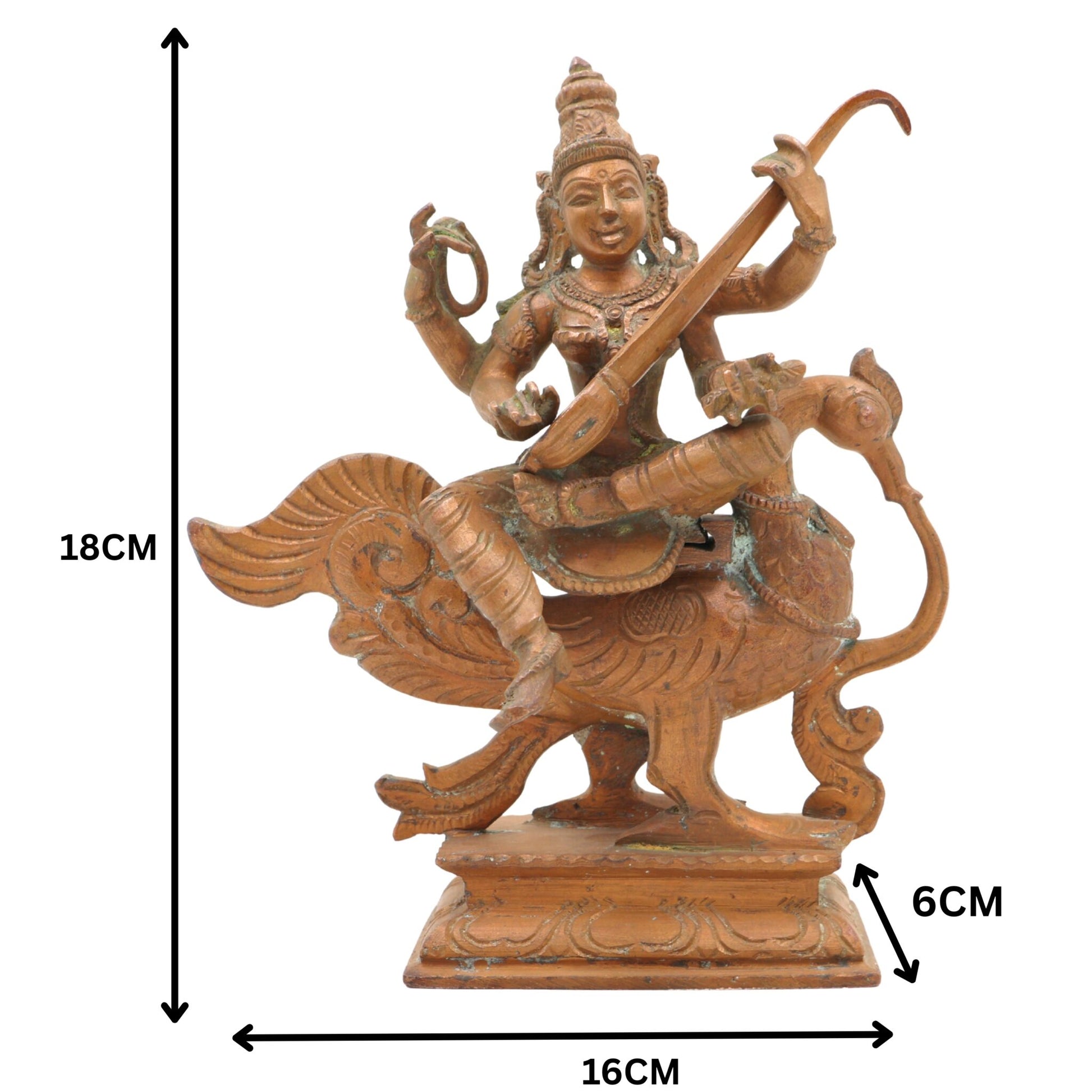 Handcrafted Bronze Saraswati Idol, Panchaloha Veena Goddess Murti, Sharada, Vani, Vagdevi Statue for Home, Temple & Pooja Decor,Brown, 7 Inch, 1 Piece
