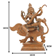 Handcrafted Bronze Saraswati Idol, Panchaloha Veena Goddess Murti, Sharada, Vani, Vagdevi Statue for Home, Temple & Pooja Decor,Brown, 7 Inch, 1 Piece