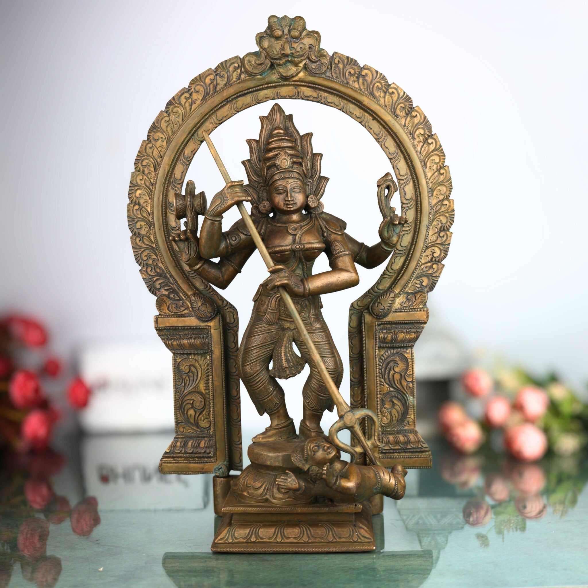 Handcrafted Panchaloha Durga Parvati Idol in Bronze – Gauri Bhavani Uma Devi Statue for Temple & Home Decor,Brown, 17 Inch, 1 Piece