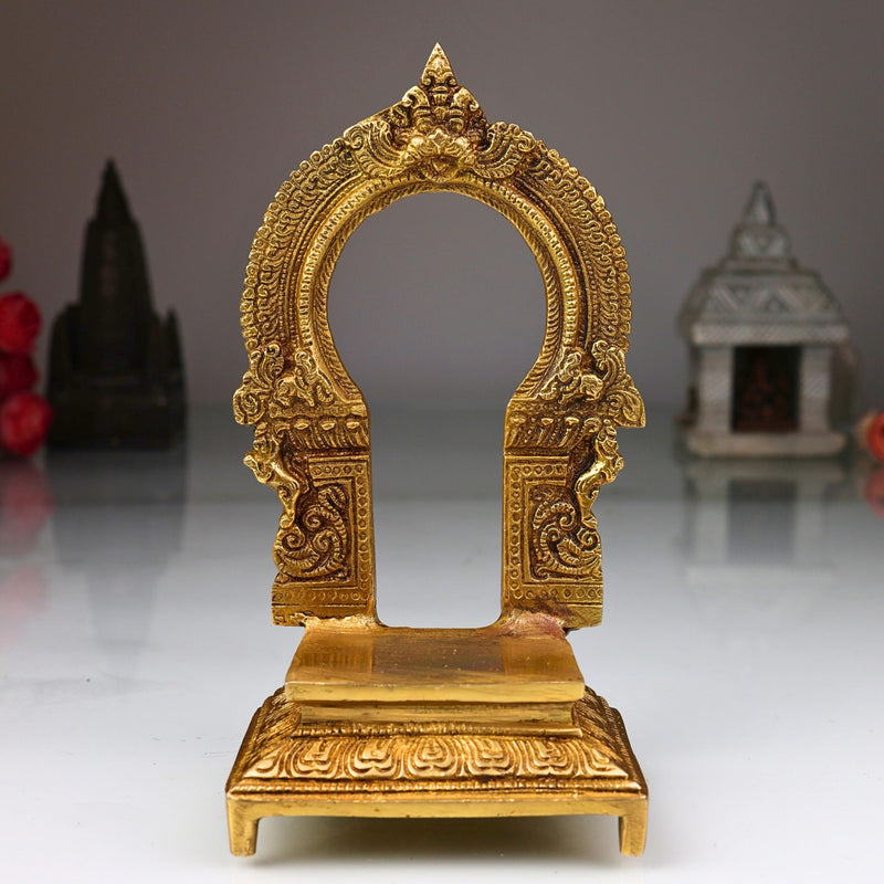 Brass Pooja Chowki with Prabhavali, Handcrafted Singhasan Peeta Bajot for Deities, Mandir, and Home Temple Decor, Gold, 7 Inch, 1 Piece