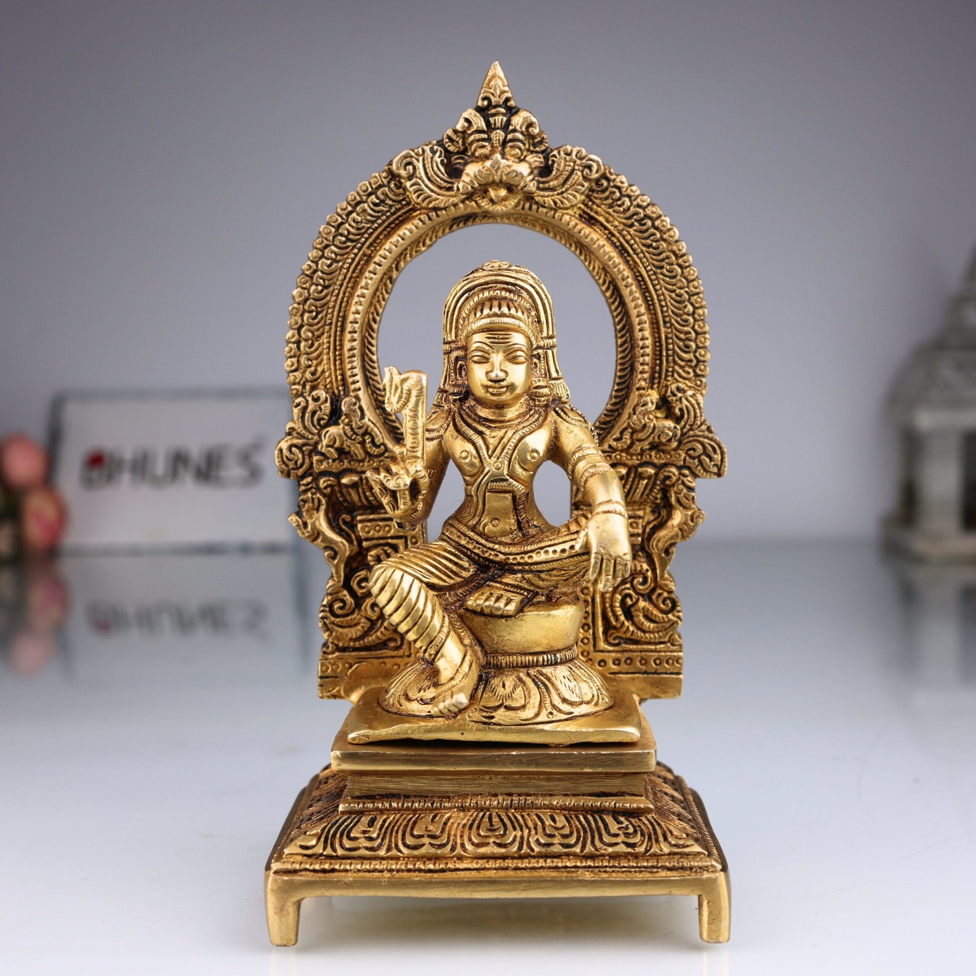 Brass Ayyanar Shasta Idol with Prabhavali & Peetam, Tamil Village Guardian Deity, Dharma Shasta Silai, Sastha Aiyanar Statue,Gold, 7 Inch, 1 Piece