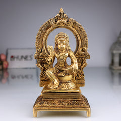 Brass Ayyanar Shasta Idol with Prabhavali & Peetam, Tamil Village Guardian Deity, Dharma Shasta Silai, Sastha Aiyanar Statue,Gold, 7 Inch, 1 Piece