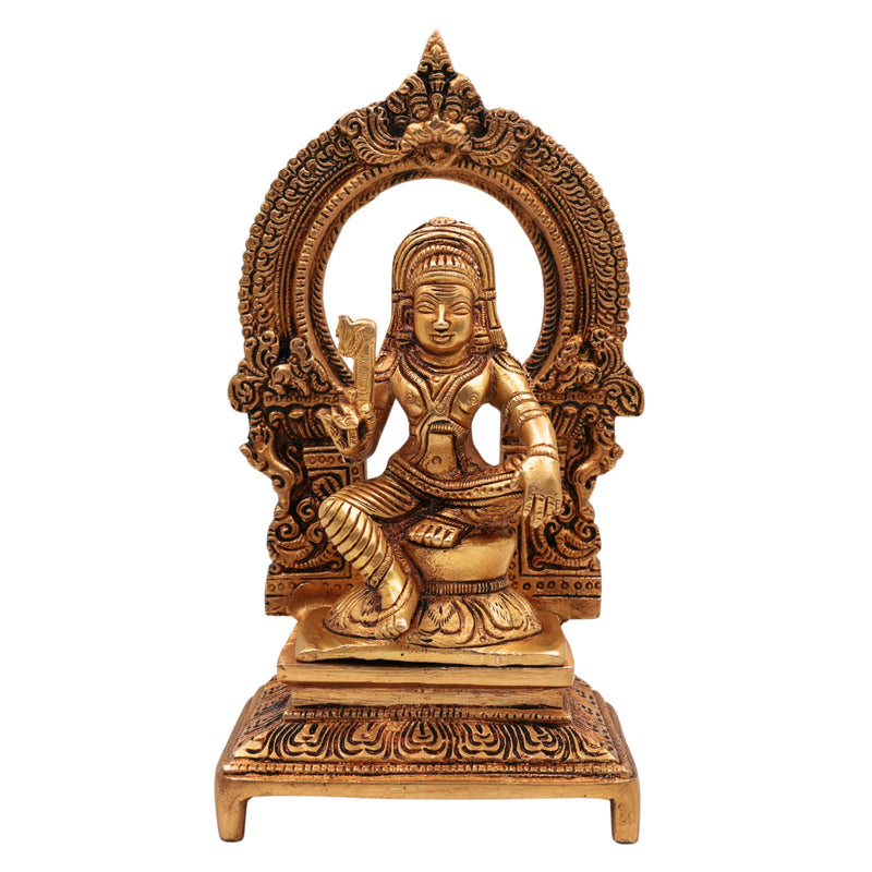 Brass Ayyanar Shasta Idol with Prabhavali & Peetam, Tamil Village Guardian Deity, Dharma Shasta Silai, Sastha Aiyanar Statue,Gold, 7 Inch, 1 Piece