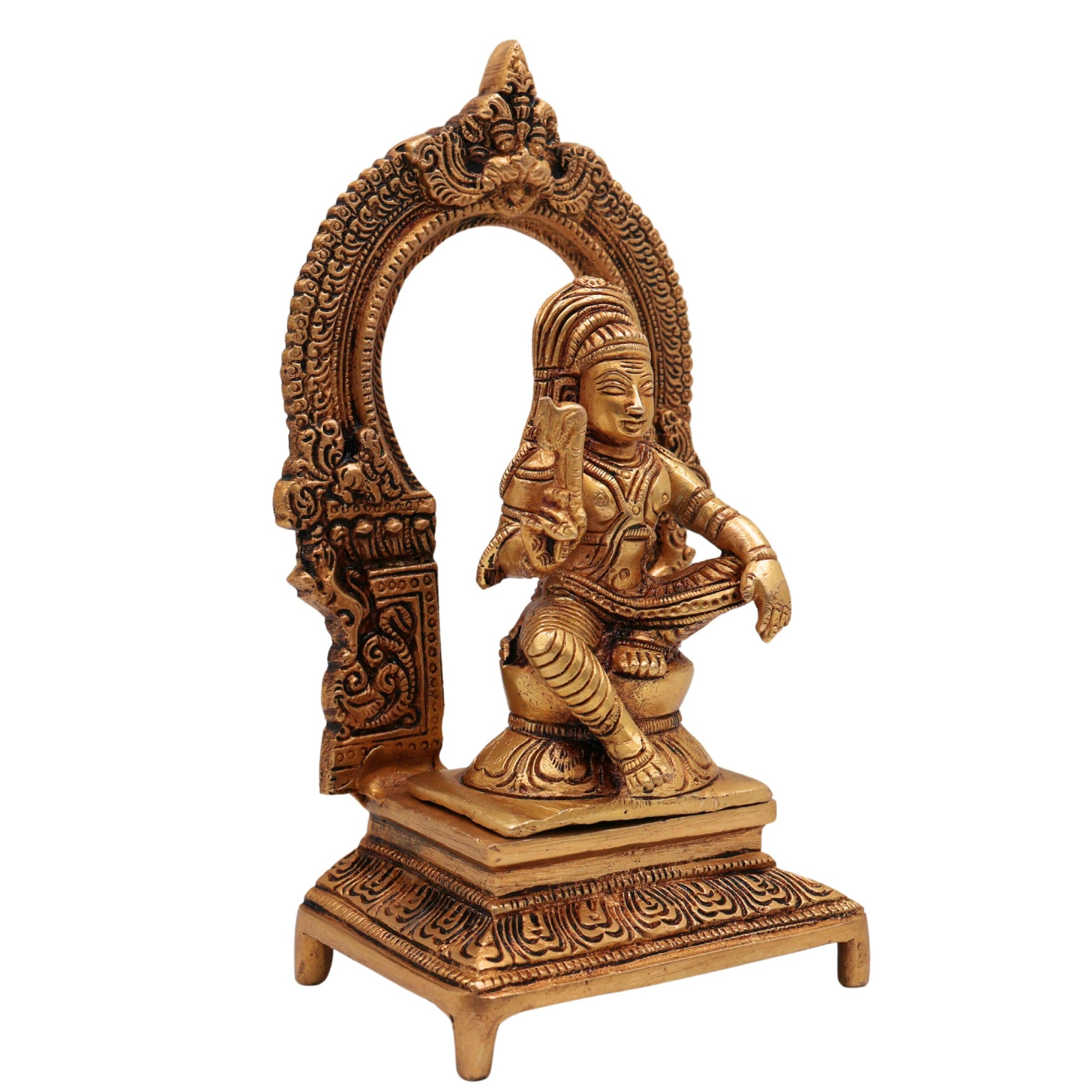 Brass Ayyanar Shasta Idol with Prabhavali & Peetam, Tamil Village Guardian Deity, Dharma Shasta Silai, Sastha Aiyanar Statue,Gold, 7 Inch, 1 Piece