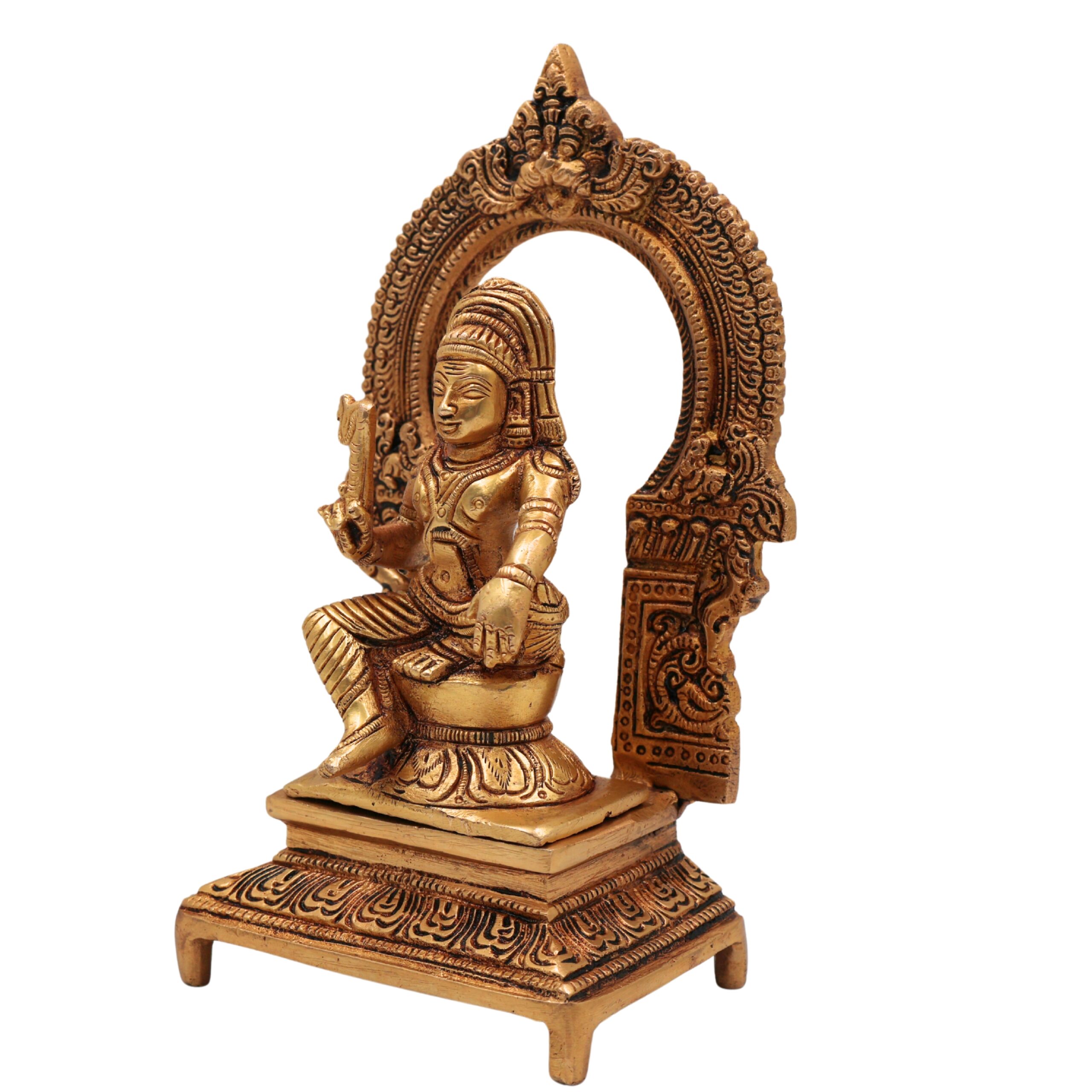 Brass Ayyanar Shasta Idol with Prabhavali & Peetam, Tamil Village Guardian Deity, Dharma Shasta Silai, Sastha Aiyanar Statue,Gold, 7 Inch, 1 Piece