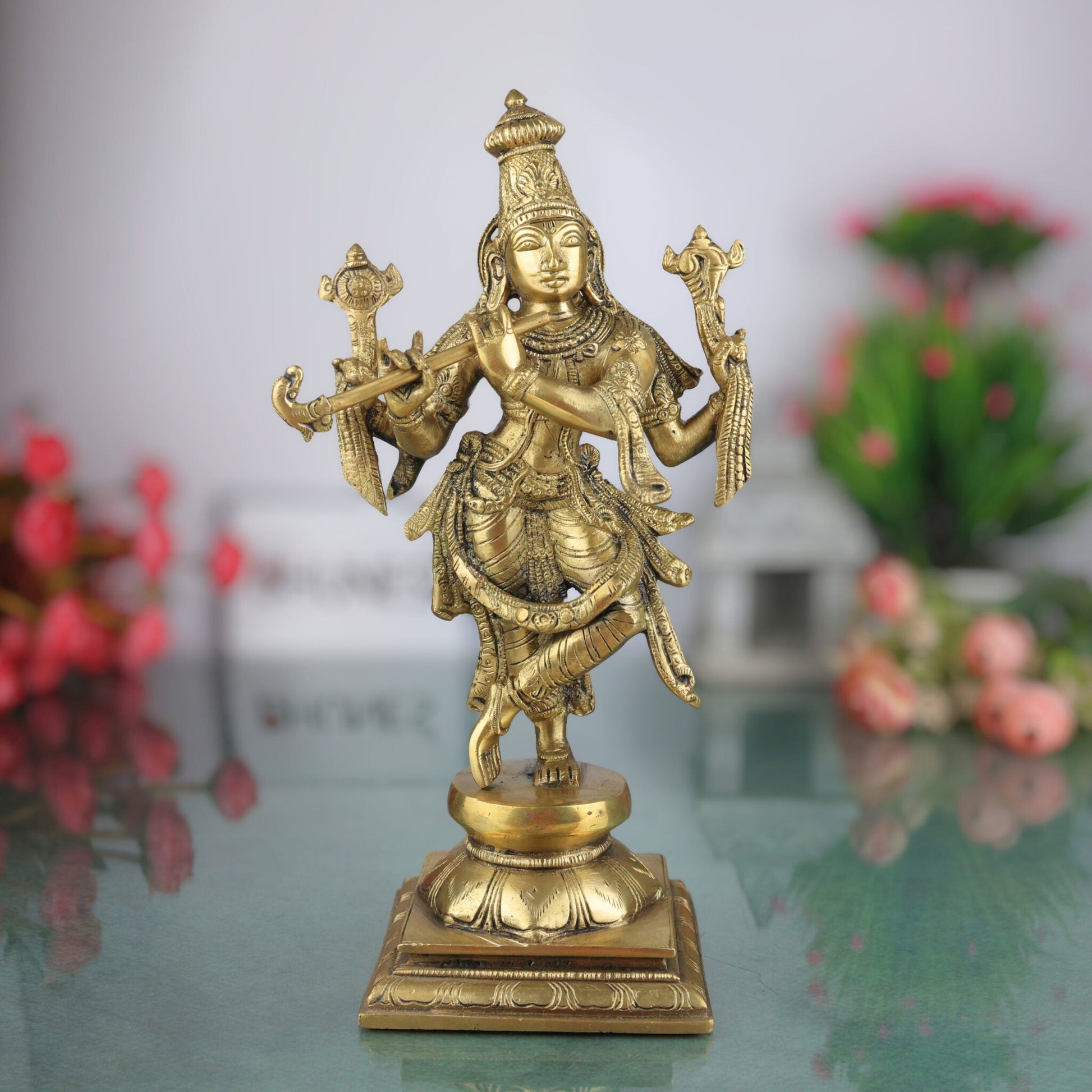 Brass Krishna Idol – Gopal Murti, Govinda Vigraham, Radha Krishna Sculpture for Pooja, Home Decor & Temple,Gold, 12 Inch, 1 Piece