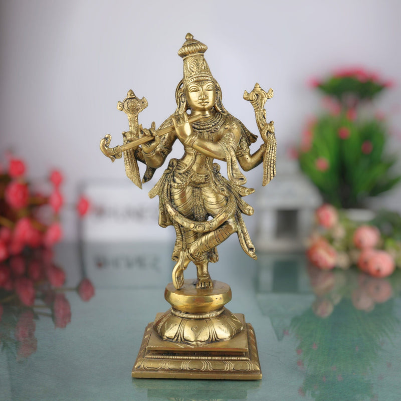 Brass Krishna Idol – Gopal Murti, Govinda Vigraham, Radha Krishna Sculpture for Pooja, Home Decor & Temple,Gold, 12 Inch, 1 Piece