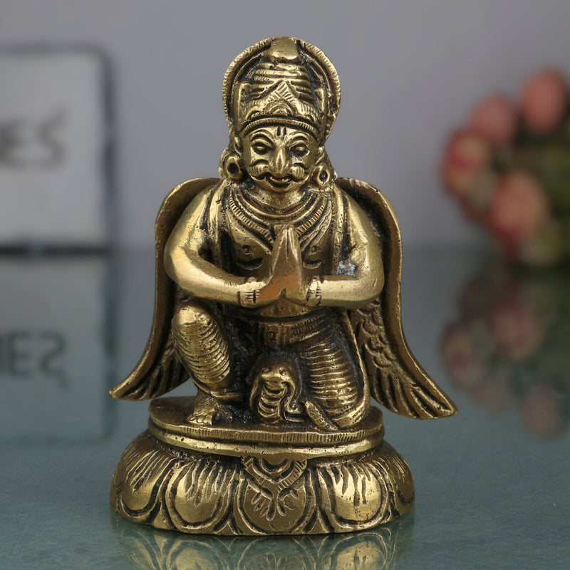 Brass Garuda Deva Idol | Vishnu Vahana | Suparna | Pakshiraja | Handcrafted Pital Murti for Temple, Puja, Vastu & Home Decor,Gold, 3.5 Inch, 1 Piece