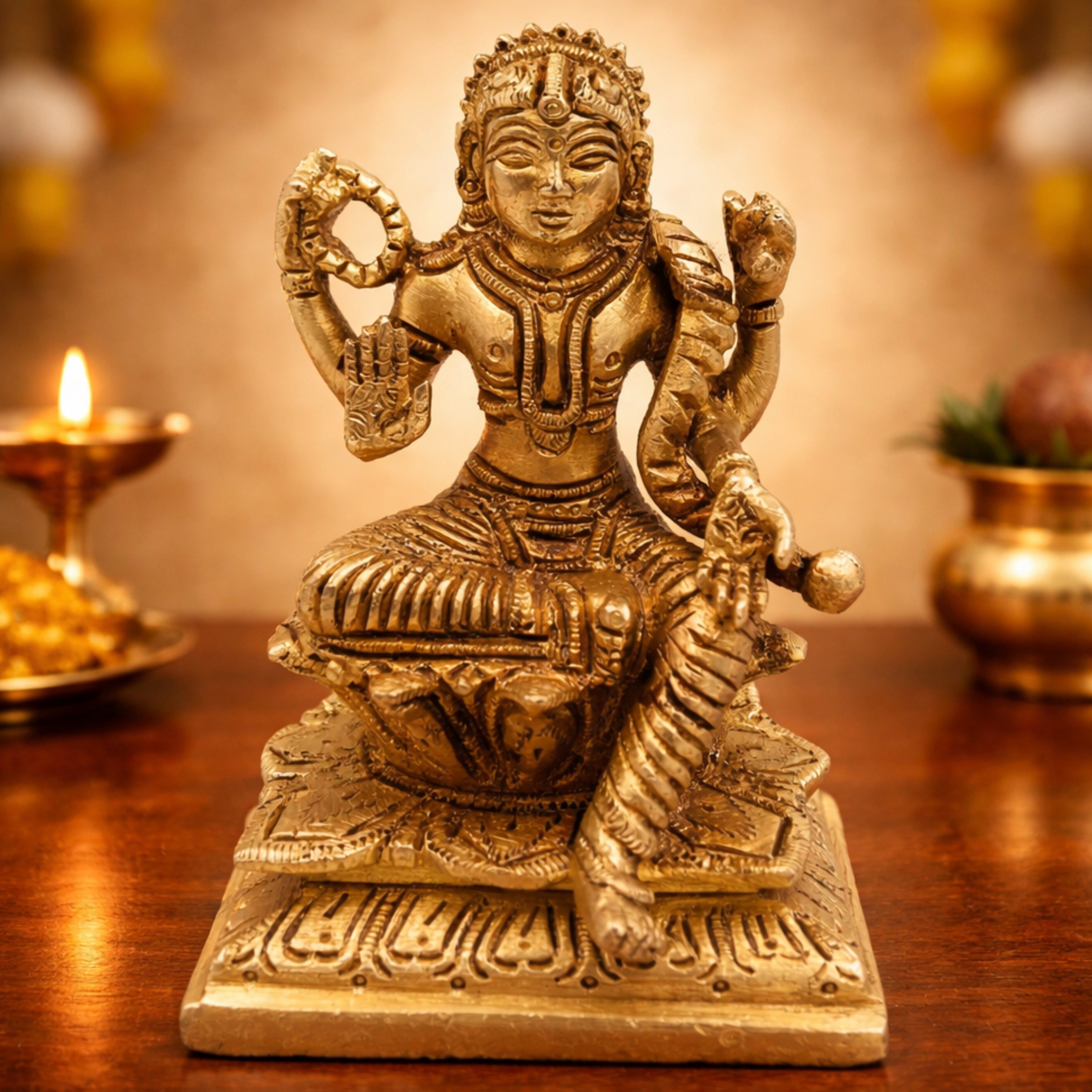 Brass Balambika Idol, Bala Tripurasundari Murti, Pital Bala Devi Statue, Bala Parameswari Vigraham,Gold, 5 Inch, 1 Piece