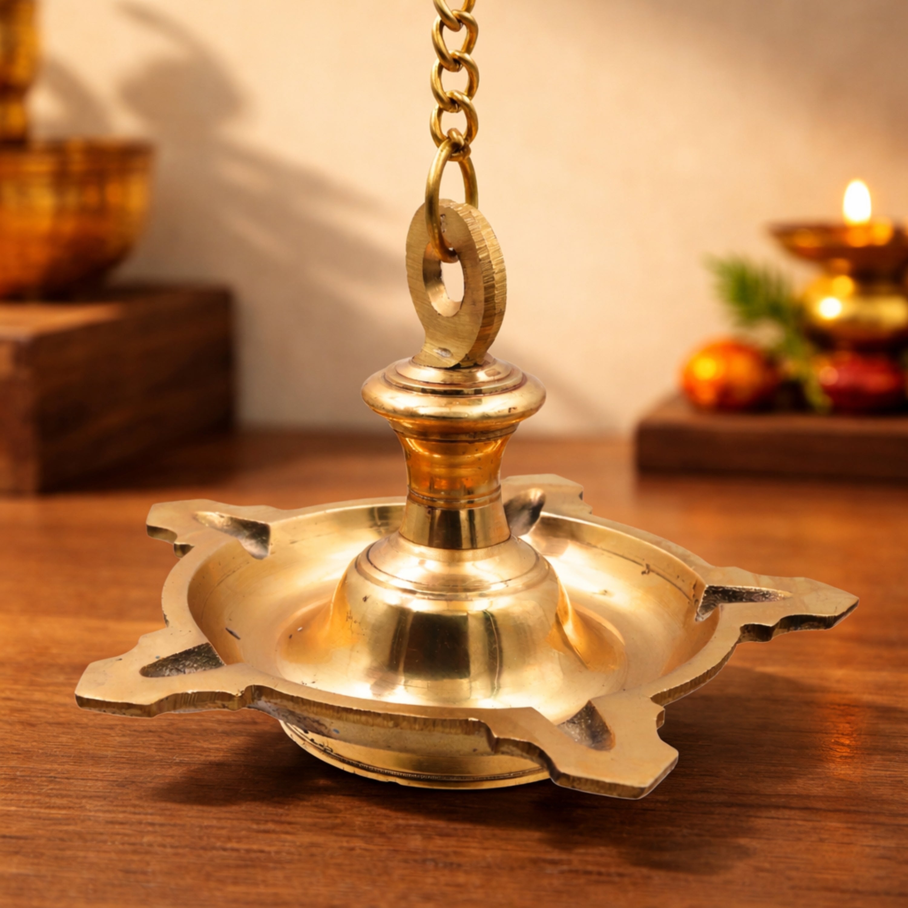 Brass Hanging Pooja Lamp Diya for Lakshmi Vishnu Temple, Handcrafted Peetal Pittal Ceiling Lantern, Traditional Five Face Brass Hanging Light,Gold, 5 Inch, 1 Piece