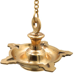 Brass Hanging Pooja Lamp Diya for Lakshmi Vishnu Temple, Handcrafted Peetal Pittal Ceiling Lantern, Traditional Five Face Brass Hanging Light,Gold, 5 Inch, 1 Piece